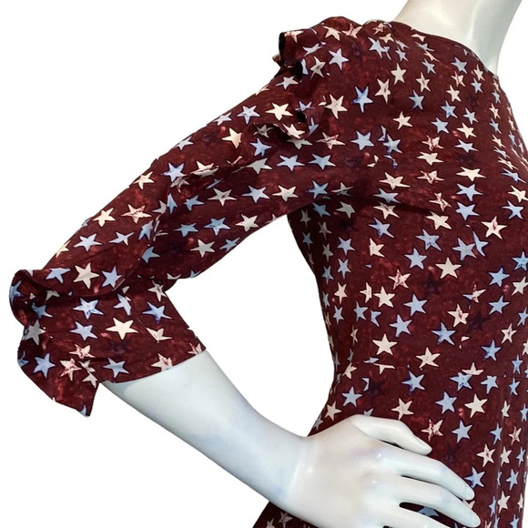 Sandro Burgundy Star Print 100% Silk Round Neck Ruffle Mini Dress Size 1=S US - Picture 9 of 13
